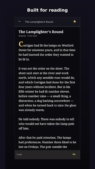 Duskwell Reader showing settings (text size, themes)